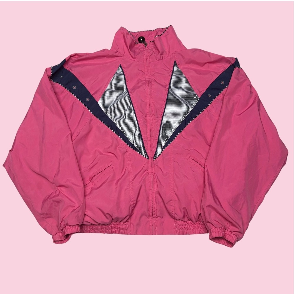 Jamie Sadock Pink Vintage Style Windbreaker Jacket Geometric Navy Striped Medium